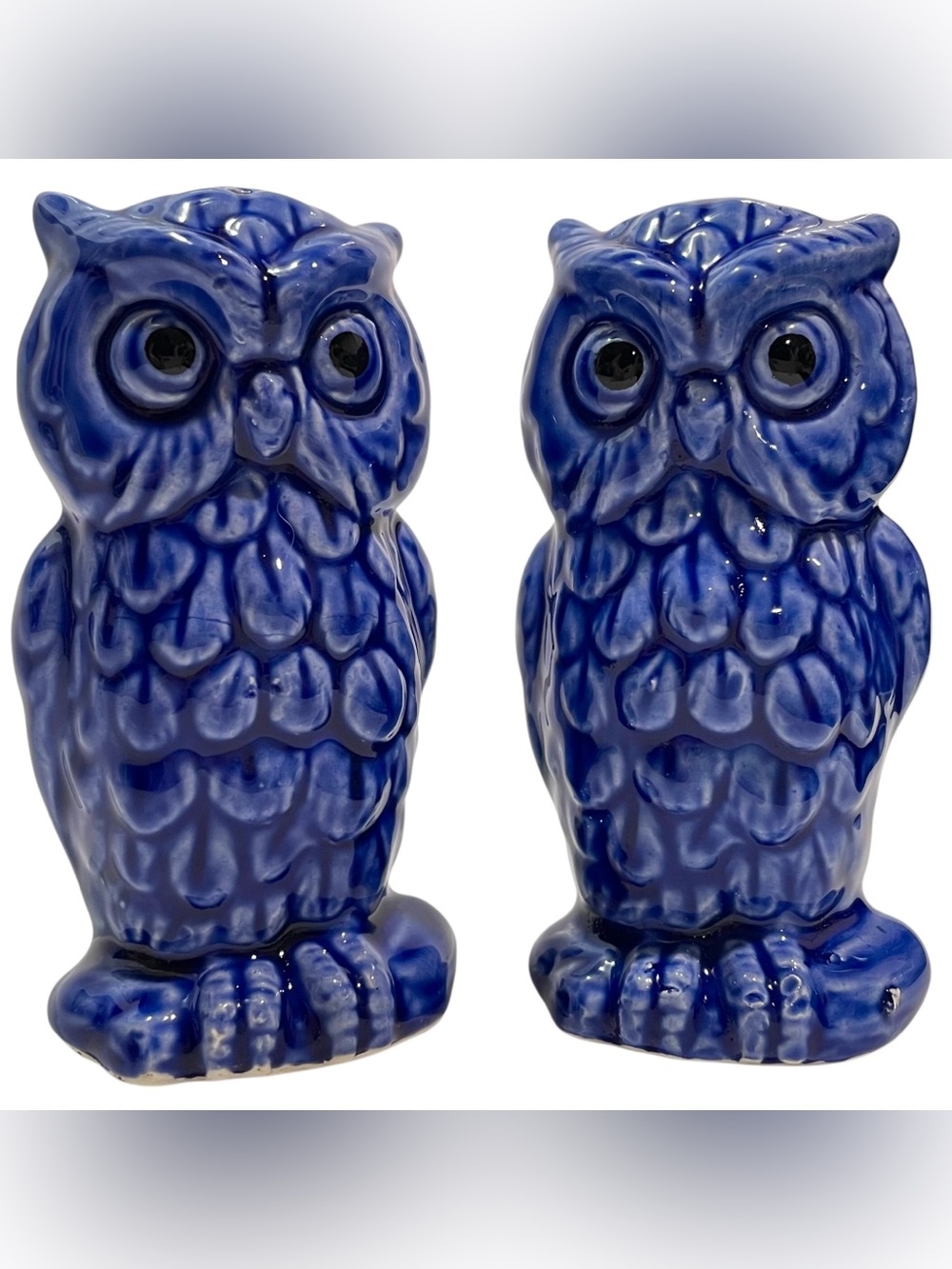 Vintage 1970s Ceramic Blue Owl Salt and Pepper Shakers Rustic Mid-Century Modern